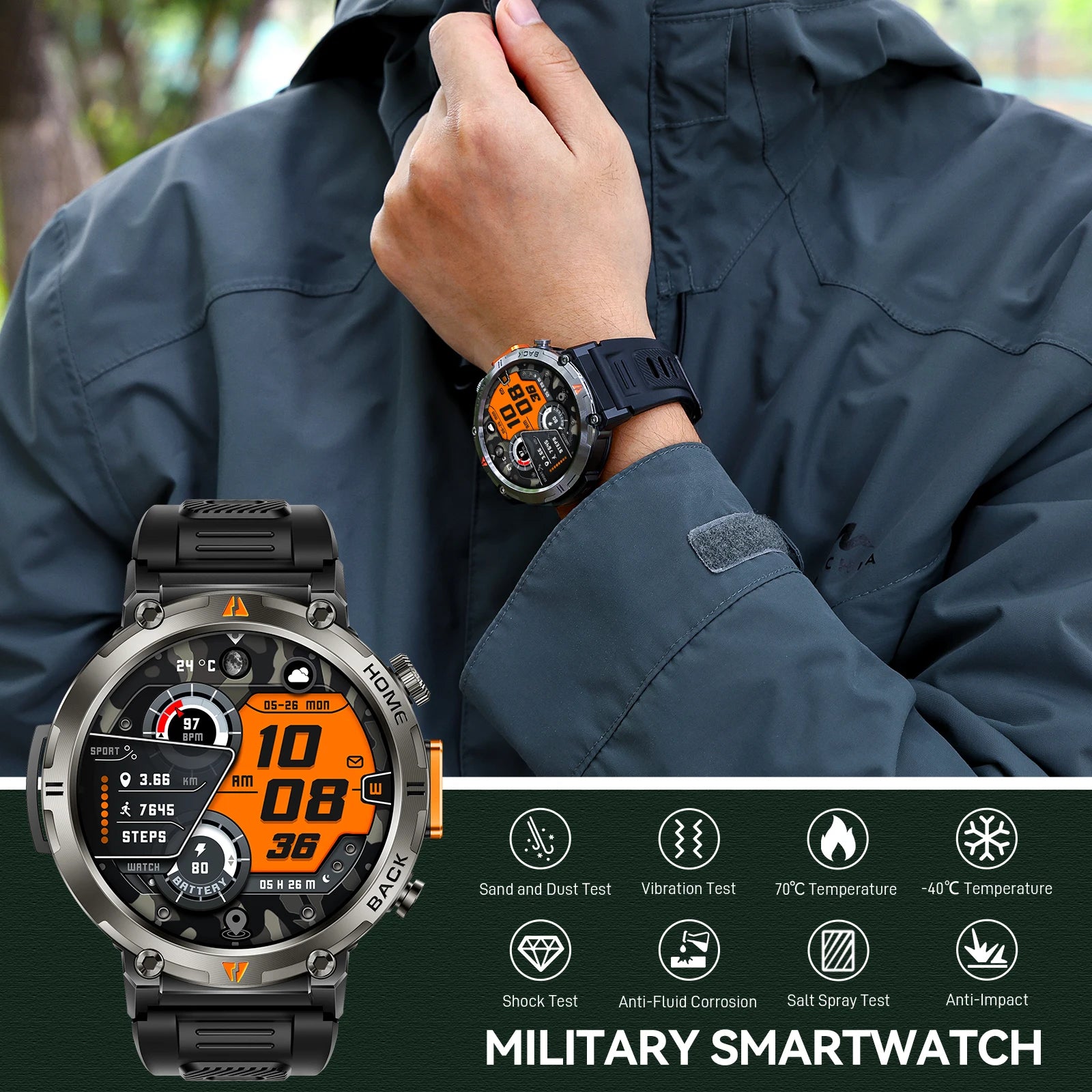 EIGIIS KE3 2025 Bluetooth Call Smartwatch for Men, Full Touch Screen Fitness Watch with Heart Rate Monitor & Flashlight