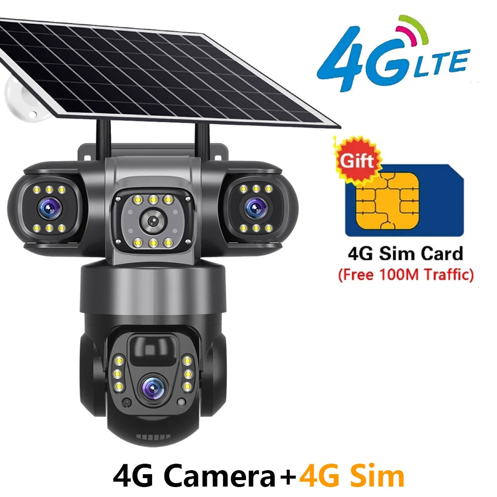 Solar 4G Sim Outdoor Camera – 3 Lens & Screen, 10X Zoom, PIR Human Detection
