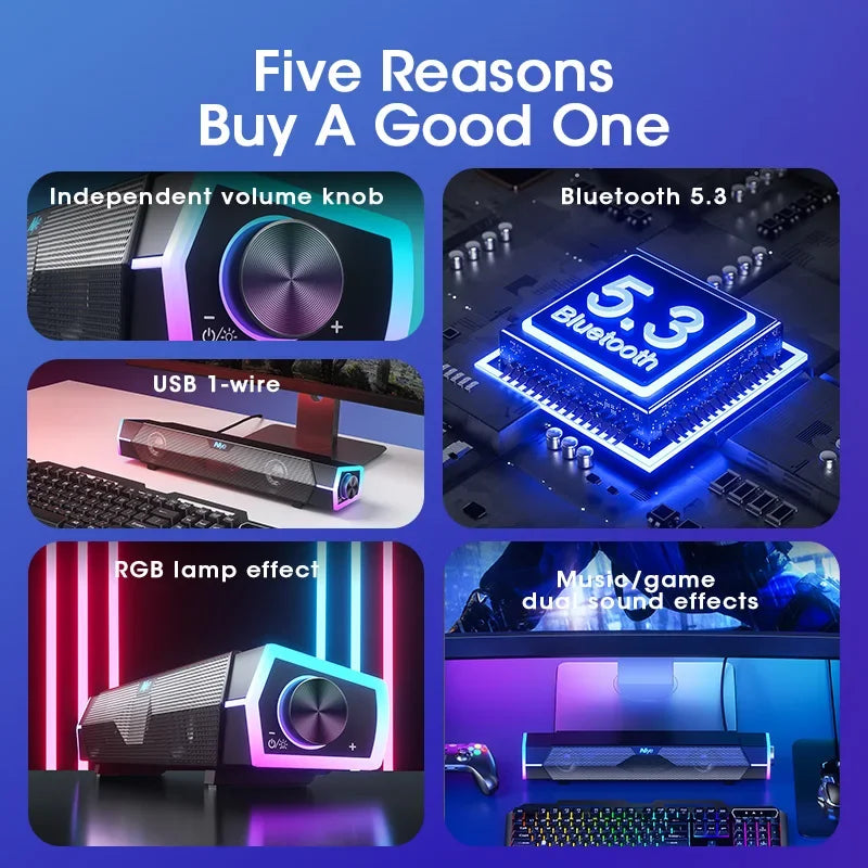 4D Bluetooth 5.0 Computer Speakers – Wired Stereo Soundbar with Subwoofer
