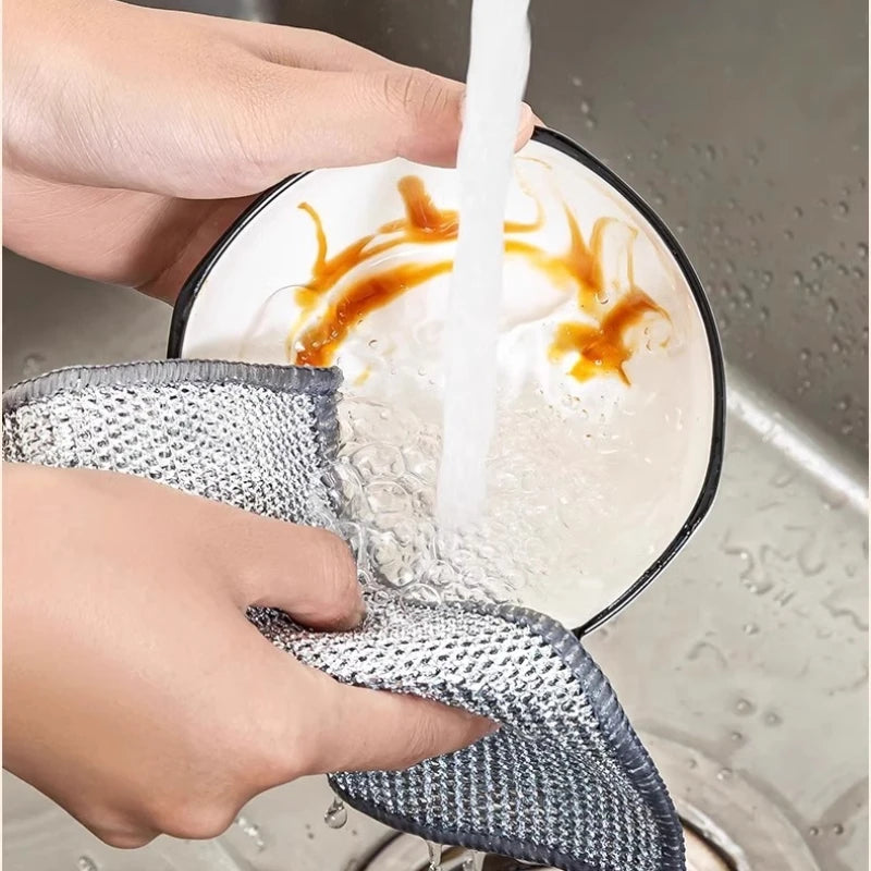 10pcs Magic Dishcloth Silver Wire Cleaning Kitchen Cloth Thickened Microfiber Wash Towel Built-in Sponge Steel Wire Ball Rag
