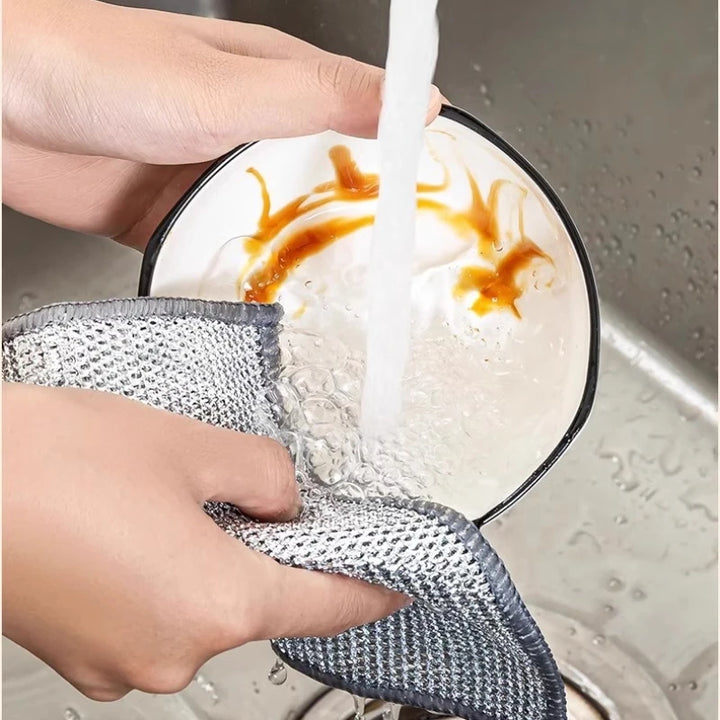 10pcs Magic Dishcloth Silver Wire Cleaning Kitchen Cloth Thickened Microfiber Wash Towel Built-in Sponge Steel Wire Ball Rag
