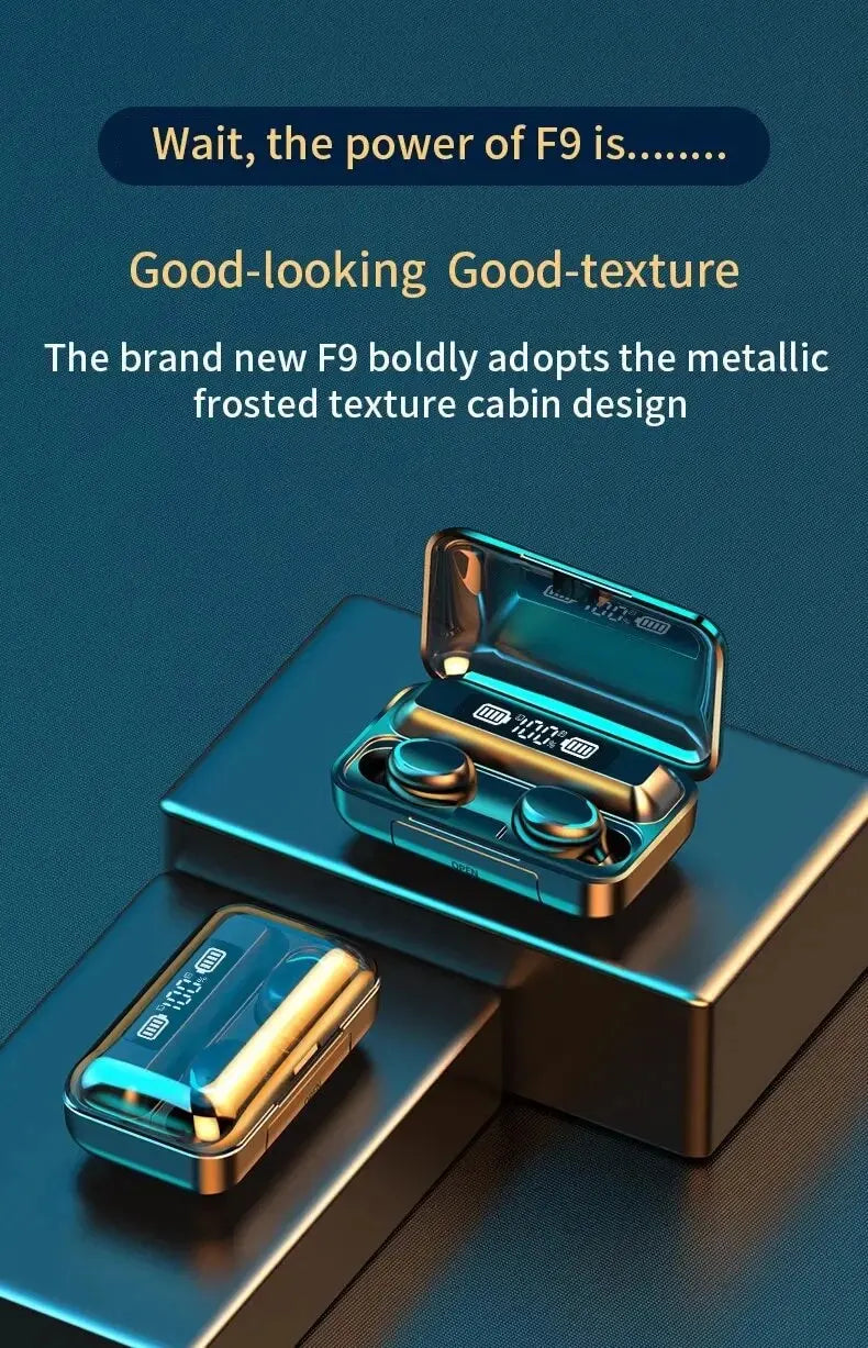 F9 TWS Wireless Bluetooth Earbuds – Waterproof Headphones with Digital Display Case