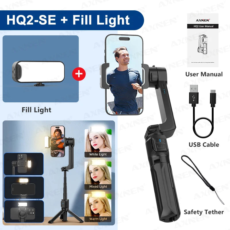 AXNEN HQ2 Series 3-Axis Handheld Gimbal Stabilizer for Smartphone & GoPro – Selfie Stick, Tripod & Extension Rod Combo
