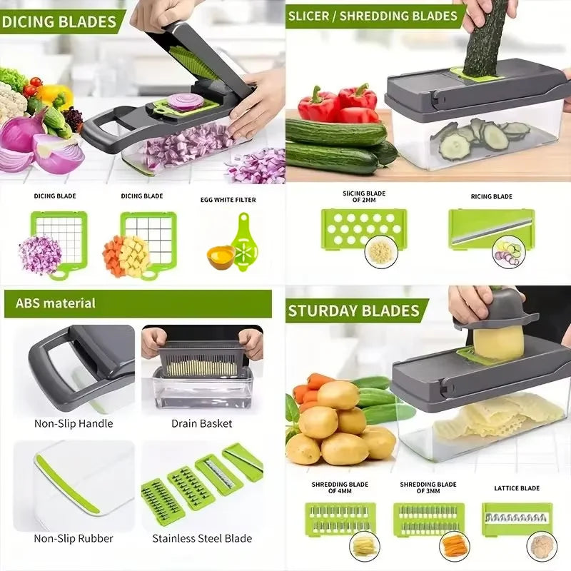 14/16 IN 1 Multi-Function Vegetable Food Chopper – Slicer, Grater, Cutter, Shredder Kitchen Tool for Tomato, Carrot, Cheese, Onion & More