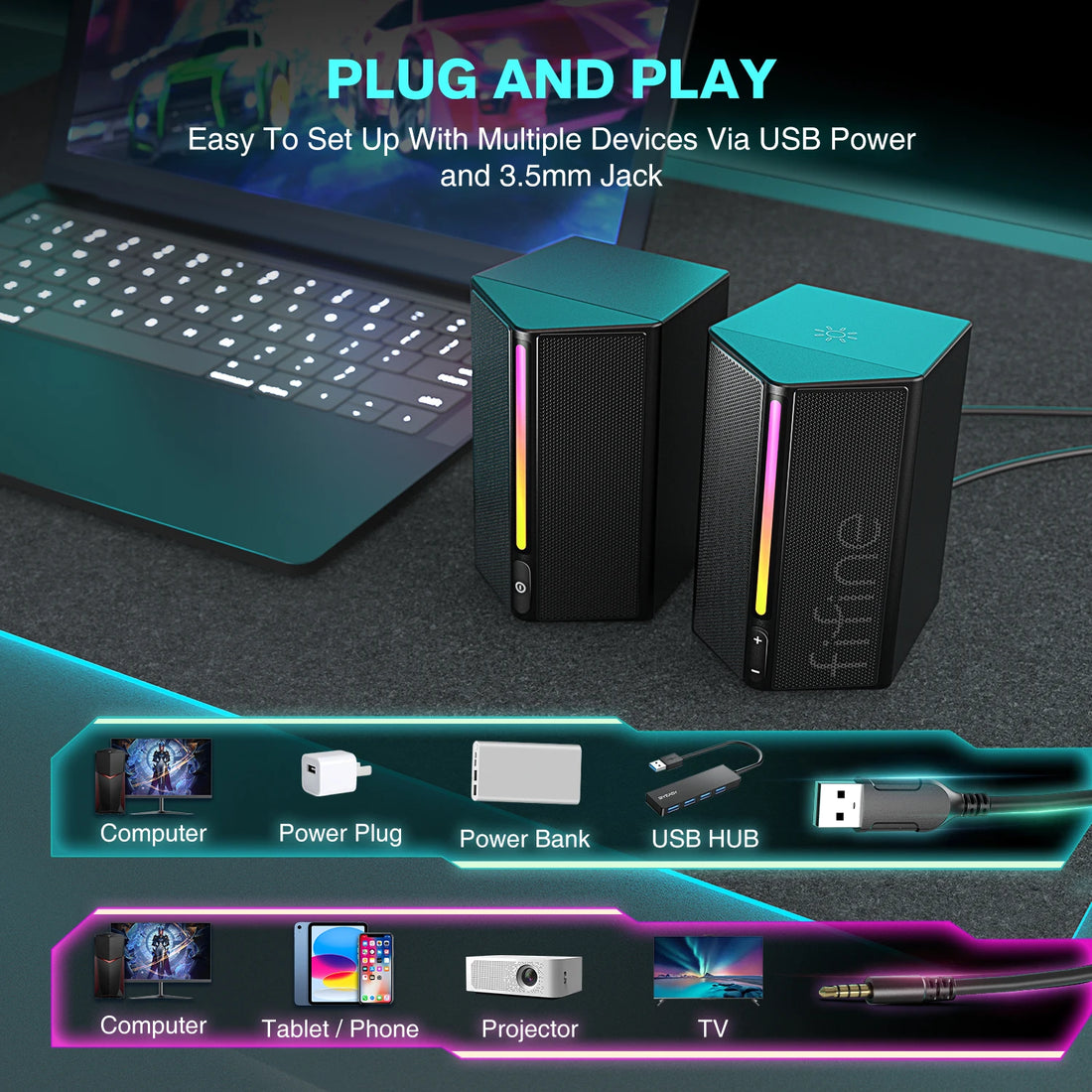 FIFINE Ampligame A20 Gaming Sound Box – USB RGB Stereo Speaker with Volume Control