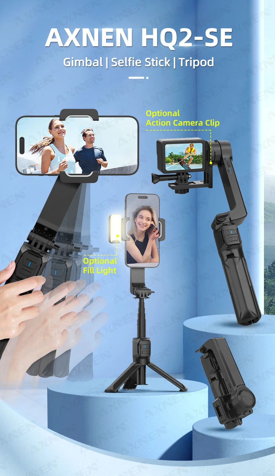 AXNEN HQ2 Series 3-Axis Handheld Gimbal Stabilizer for Smartphone & GoPro – Selfie Stick, Tripod & Extension Rod Combo