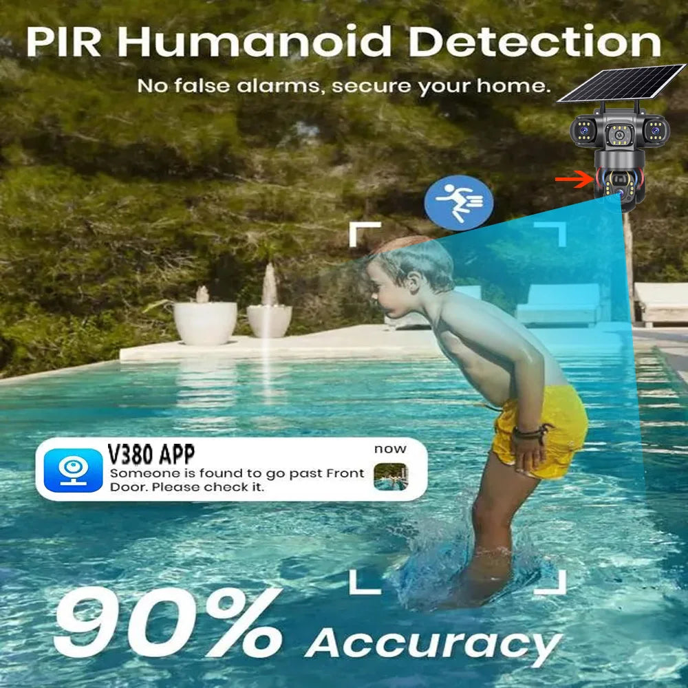 Solar 4G Sim Outdoor Camera – 3 Lens & Screen, 10X Zoom, PIR Human Detection