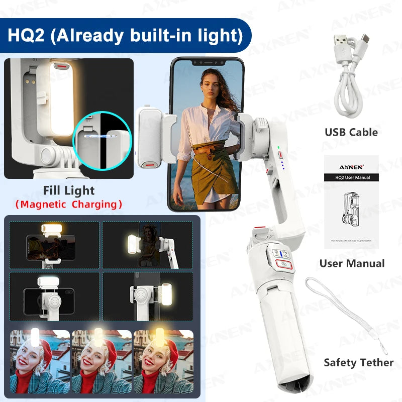 AXNEN HQ2 Series 3-Axis Handheld Gimbal Stabilizer for Smartphone & GoPro – Selfie Stick, Tripod & Extension Rod Combo