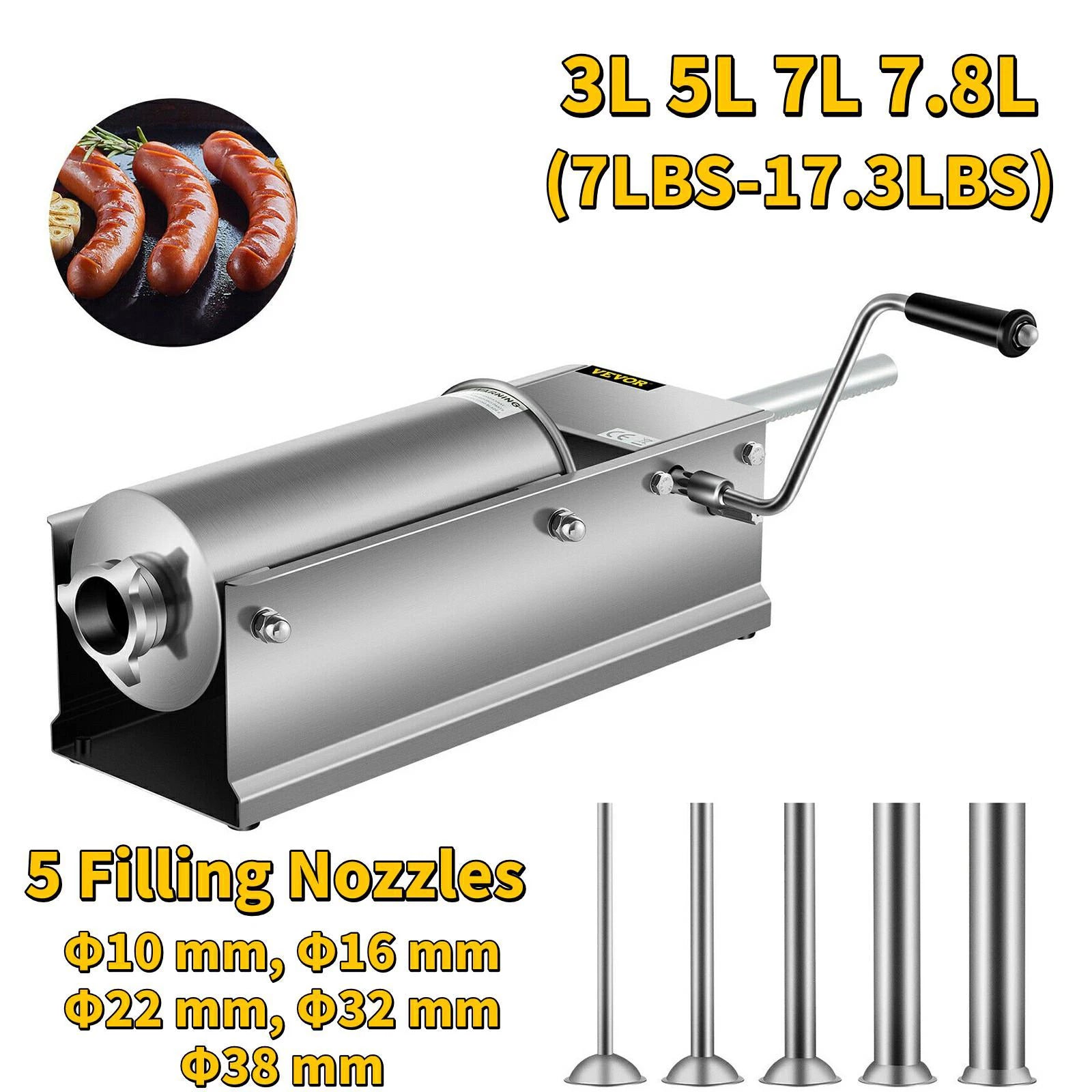 SucceBuy Horizontal Sausage Stuffer – 7.8 L Stainless Steel with 5 Nozzles