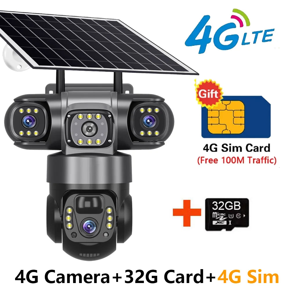 Solar 4G Sim Outdoor Camera – 3 Lens & Screen, 10X Zoom, PIR Human Detection