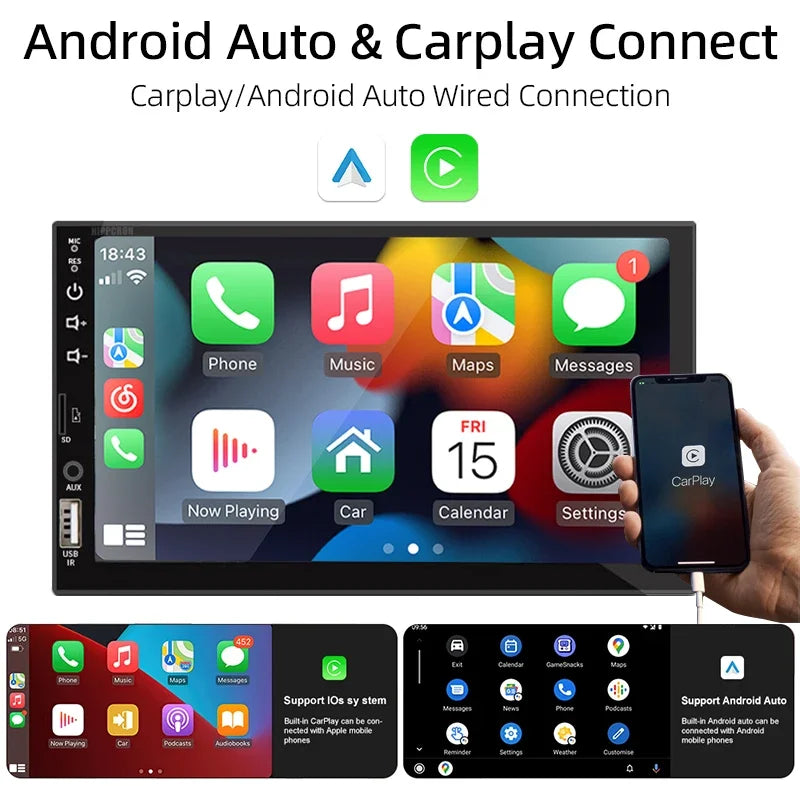 Hippcron 7" 1-DIN Car Stereo – CarPlay, Android Auto, Bluetooth, MP5 with Rear Camera Support