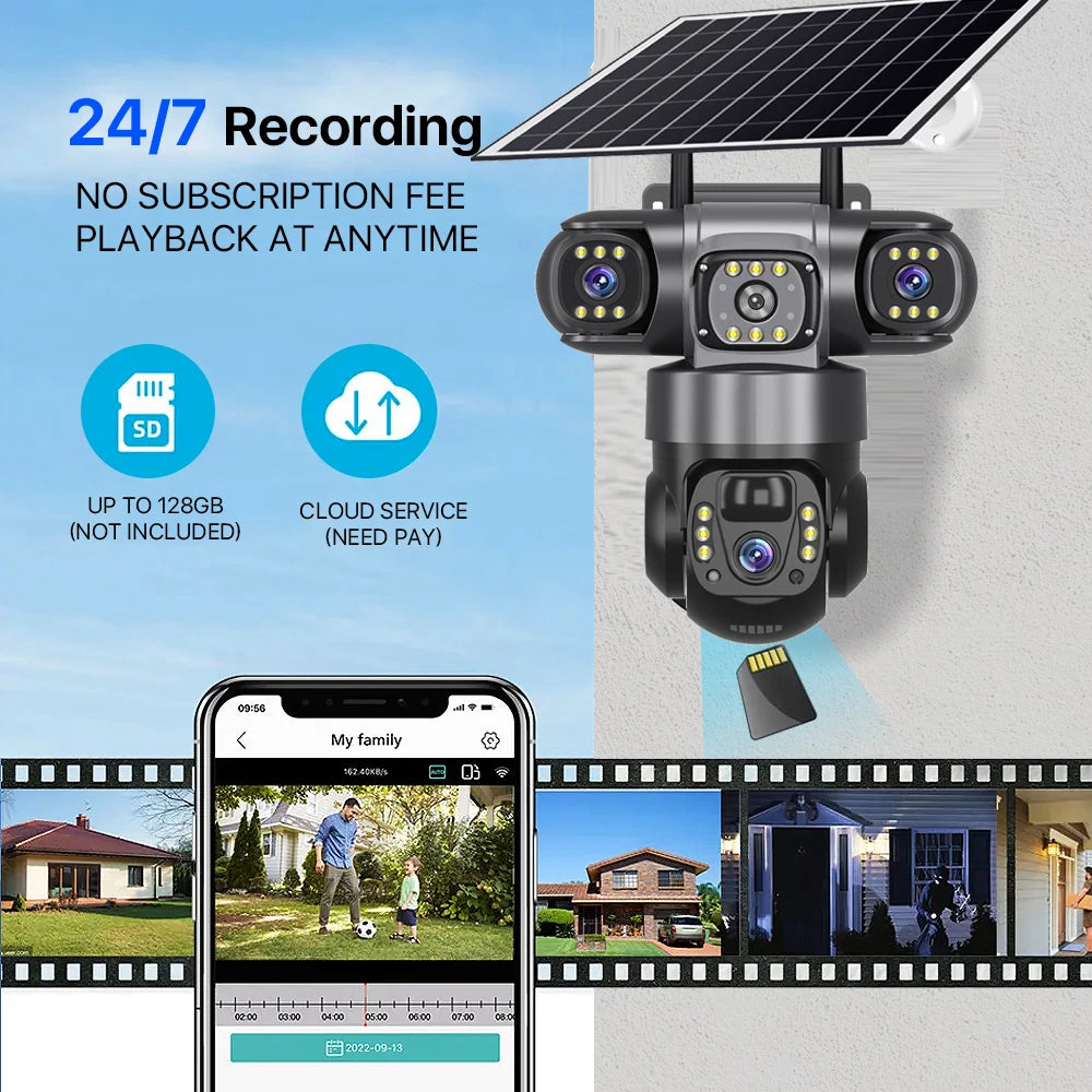 Solar 4G Sim Outdoor Camera – 3 Lens & Screen, 10X Zoom, PIR Human Detection