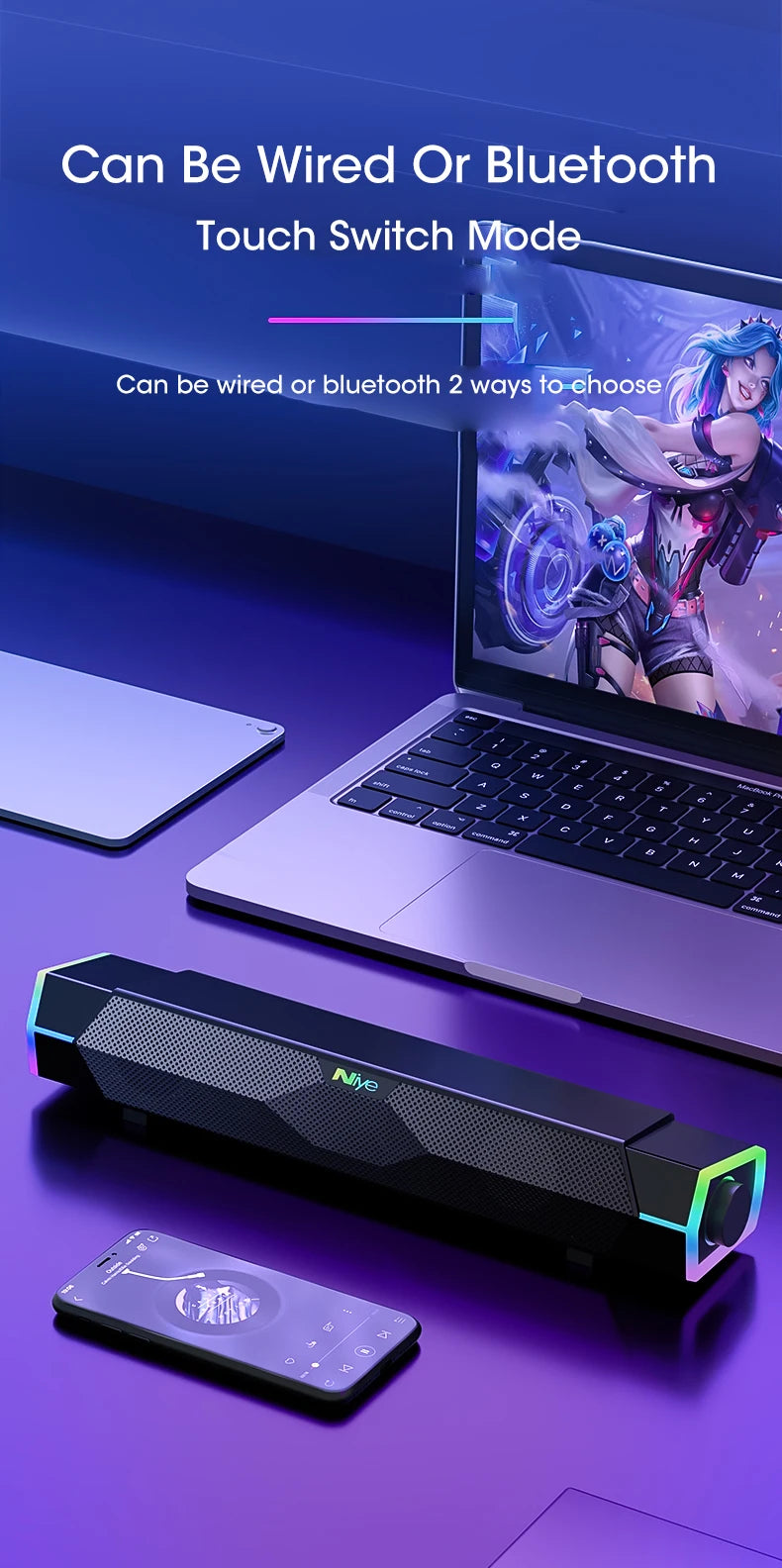 4D Bluetooth 5.0 Computer Speakers – Wired Stereo Soundbar with Subwoofer