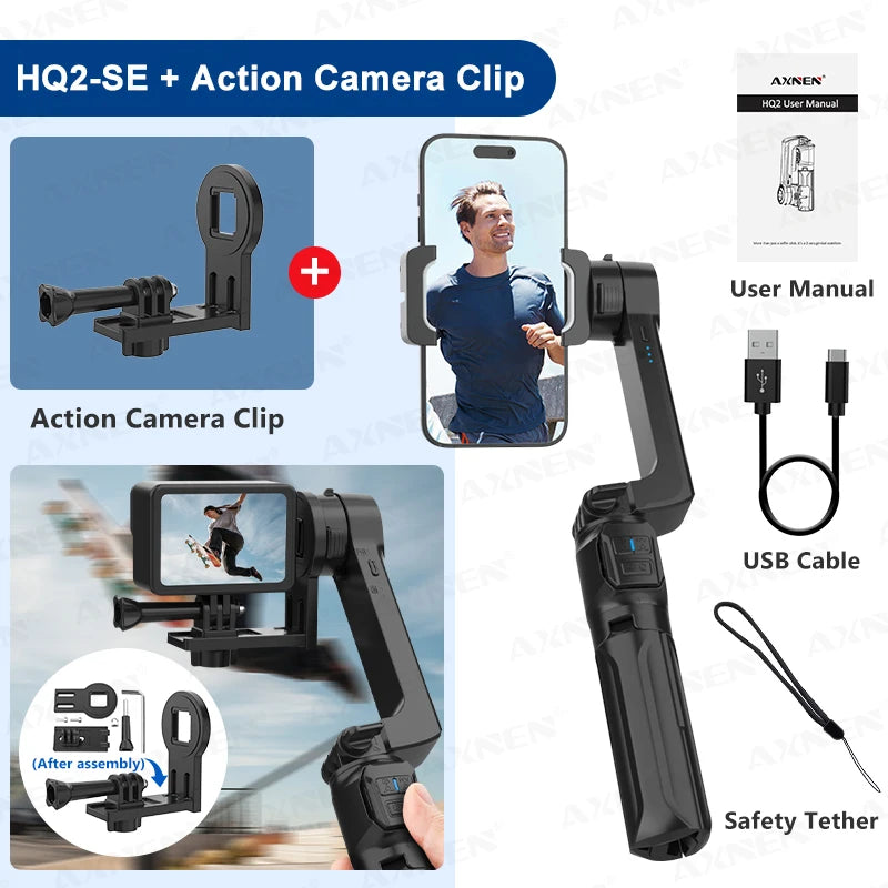 AXNEN HQ2 Series 3-Axis Handheld Gimbal Stabilizer for Smartphone & GoPro – Selfie Stick, Tripod & Extension Rod Combo