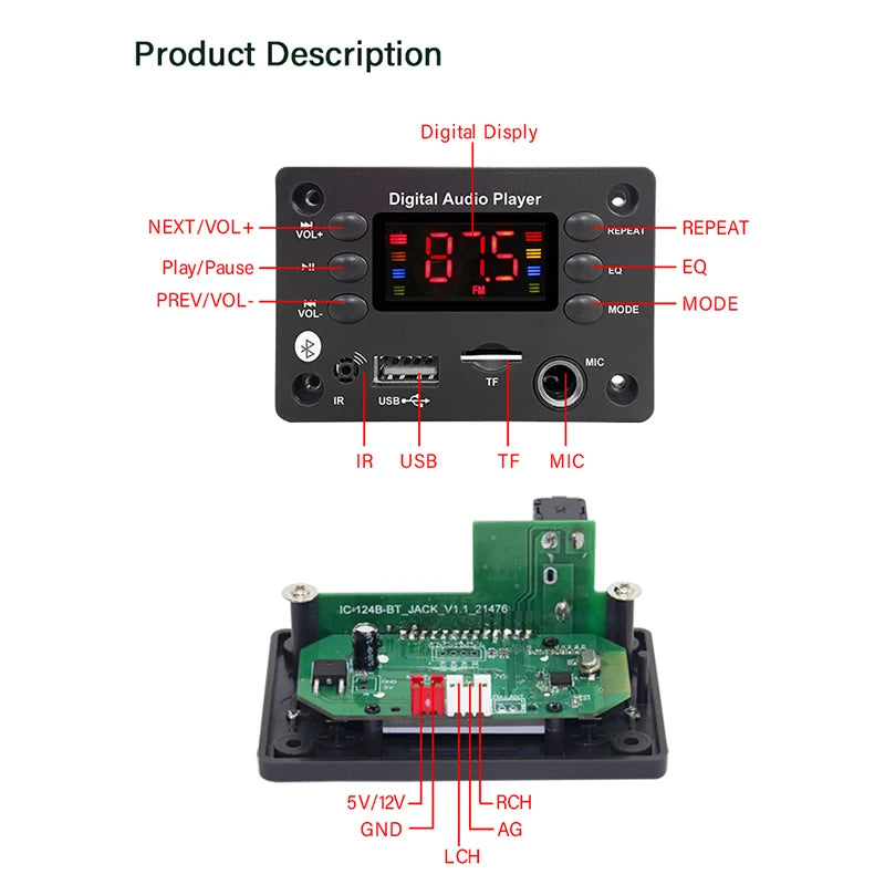 Bluetooth 5.0 MP3 Decoder Board – 5V/12V Audio Module with USB, TF, FM & Mic