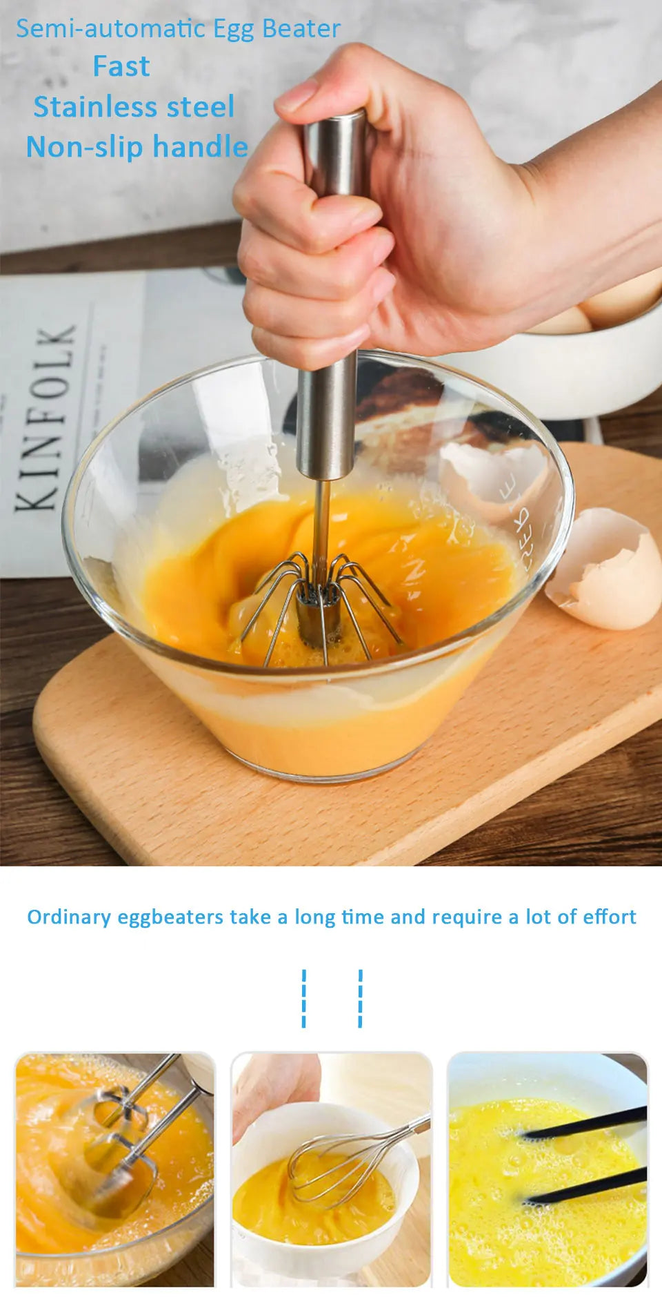 Semi-Automatic Egg Beater – Stainless Steel Hand Mixer Whisk for Cream, Batter & More