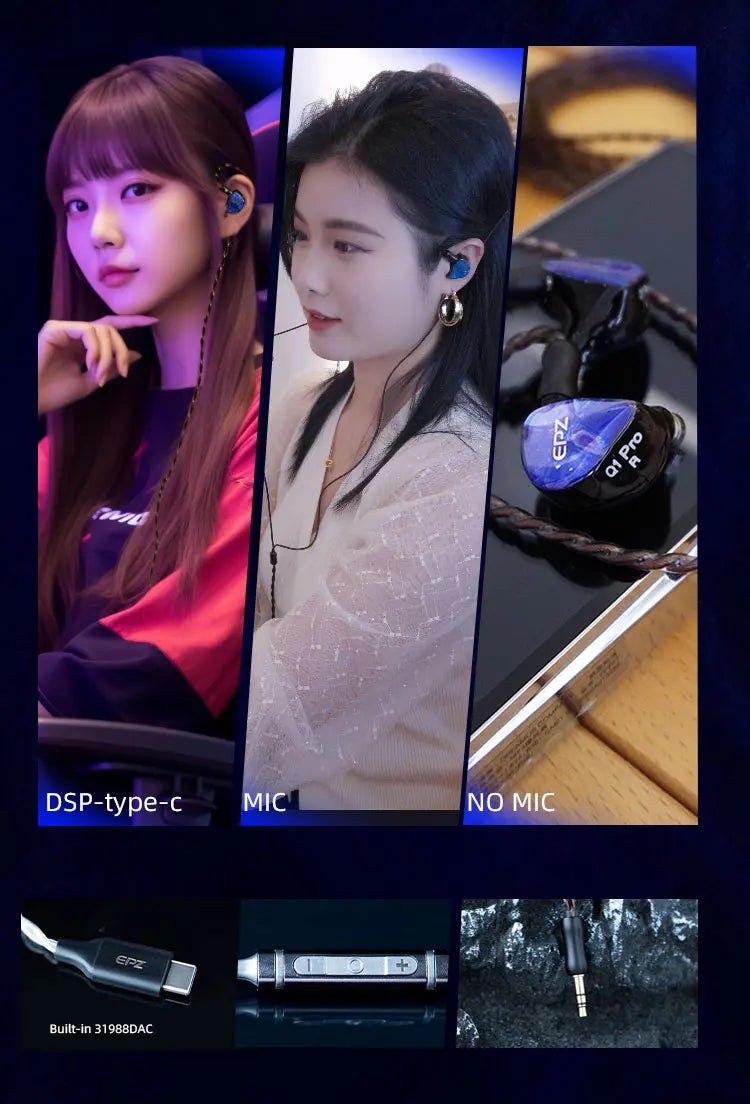 EPZ Q1 Pro Wired Earphones – HiFi Bass IEM with MIC & Detachable Type-C Cable