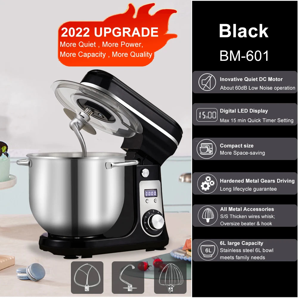 BioloMix 1200W Stand Mixer – 6L Bowl, 6-Speed, Dough & Whisk Attachments