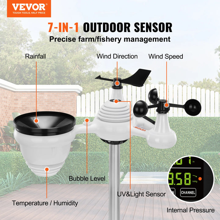 SucceBuy 7-in-1 Wireless Weather Station – 7.5” Large Color Display, Digital Home Forecast System with Alerts, No WiFi Required