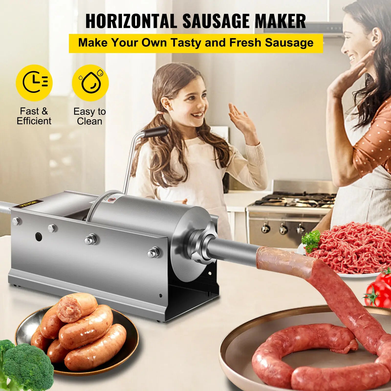 SucceBuy Horizontal Sausage Stuffer – 7.8 L Stainless Steel with 5 Nozzles