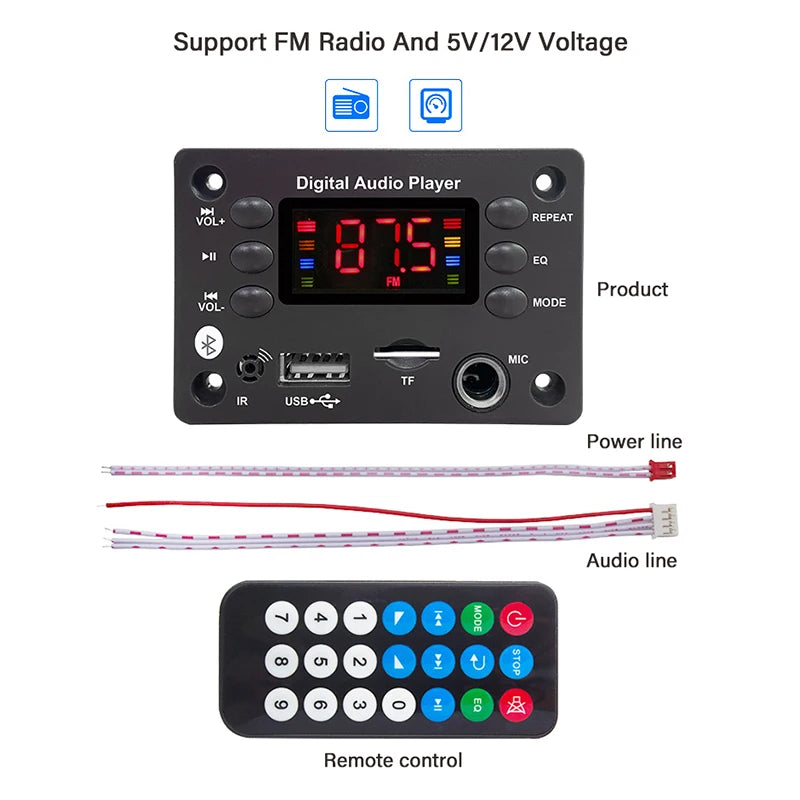 Bluetooth 5.0 MP3 Decoder Board – 5V/12V Audio Module with USB, TF, FM & Mic