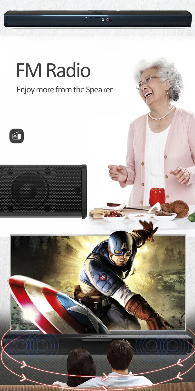 Super Powerful Wireless Bluetooth Sound Bar with Subwoofer & FM Radio