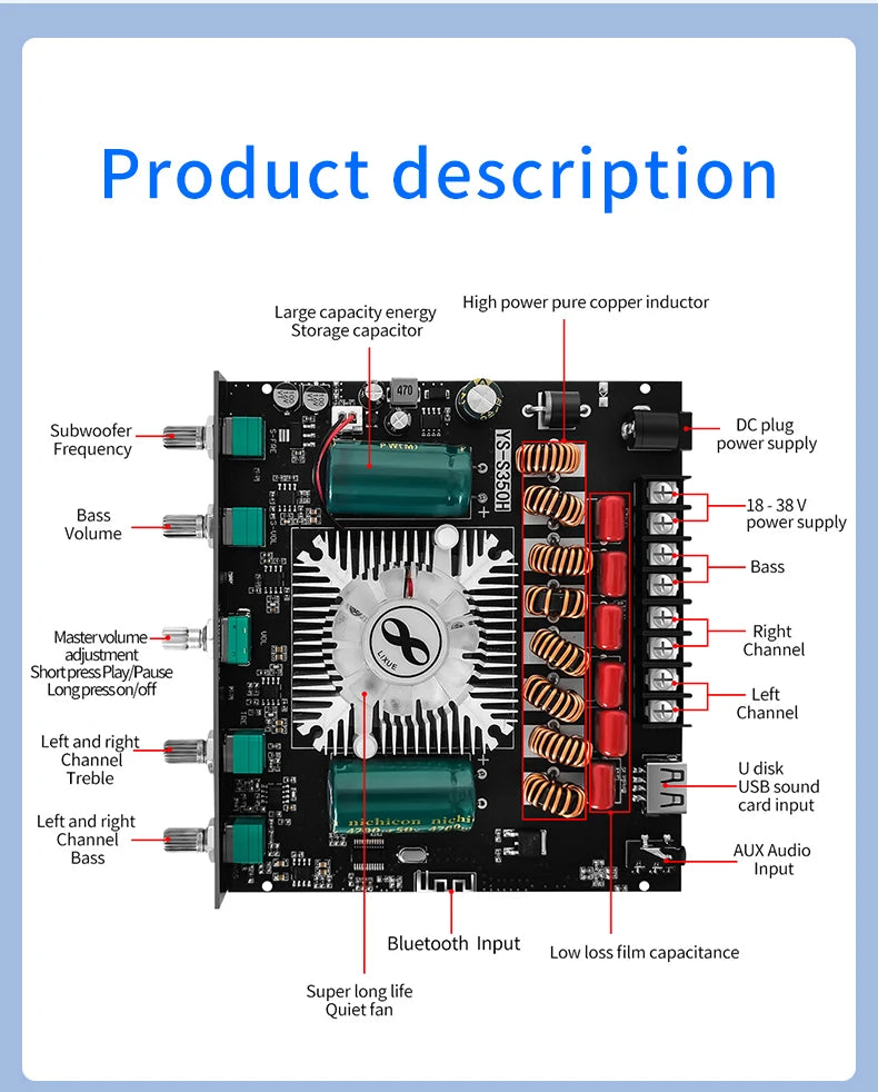 YS-S350H 2.1 Channel Bluetooth 5.1 Amplifier – TPA3251, 220W×2 + 350W Sub Output