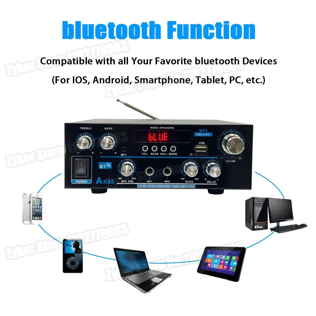 AK55 HiFi Bluetooth Amplifier – 2.0 Channel, 90W×2, Home/Car Audio