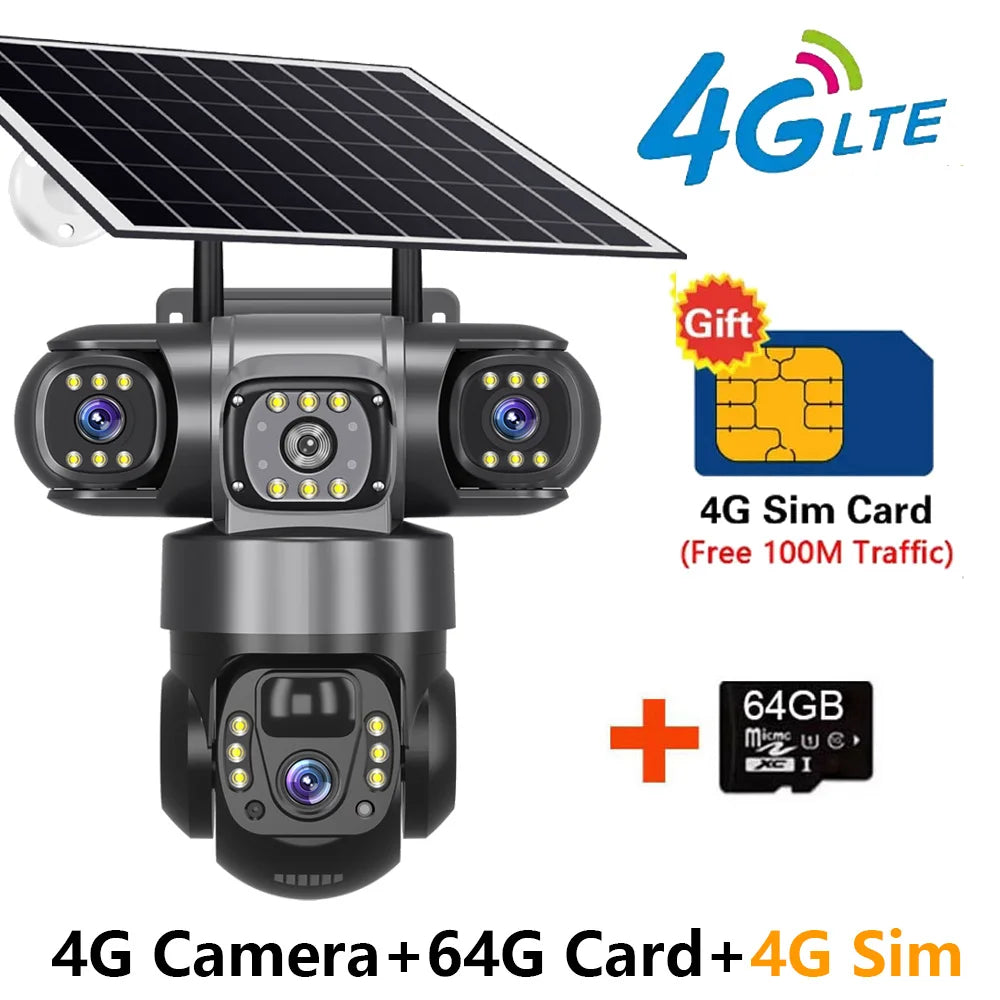 Solar 4G Sim Outdoor Camera – 3 Lens & Screen, 10X Zoom, PIR Human Detection