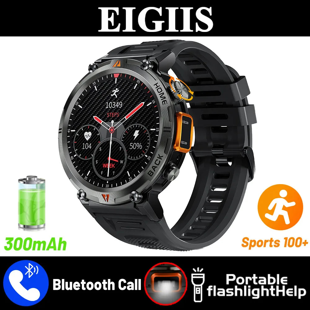 EIGIIS KE3 2025 Bluetooth Call Smartwatch for Men, Full Touch Screen Fitness Watch with Heart Rate Monitor & Flashlight