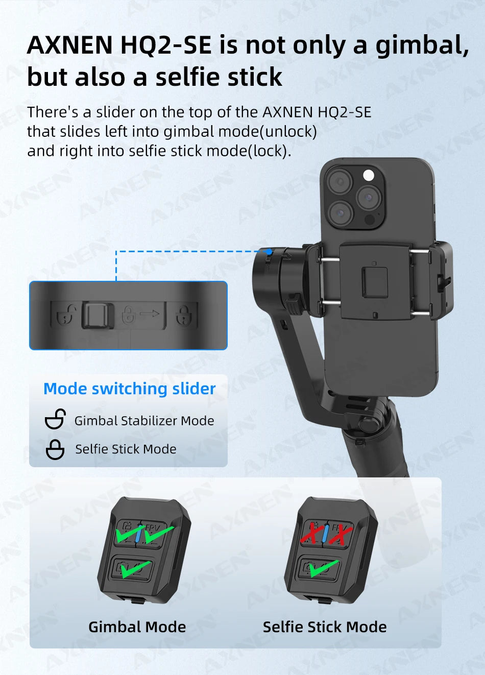 AXNEN HQ2 Series 3-Axis Handheld Gimbal Stabilizer for Smartphone & GoPro – Selfie Stick, Tripod & Extension Rod Combo