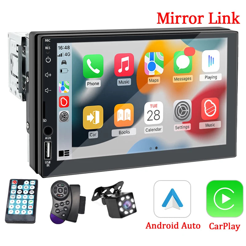 Hippcron 7" 1-DIN Car Stereo – CarPlay, Android Auto, Bluetooth, MP5 with Rear Camera Support