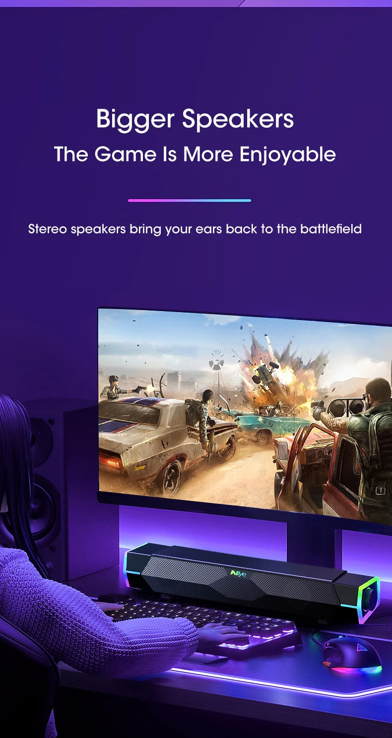 4D Bluetooth 5.0 Computer Speakers – Wired Stereo Soundbar with Subwoofer