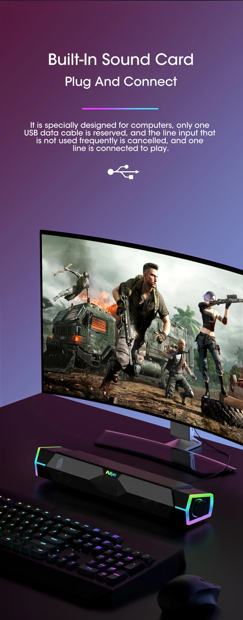 4D Bluetooth 5.0 Computer Speakers – Wired Stereo Soundbar with Subwoofer