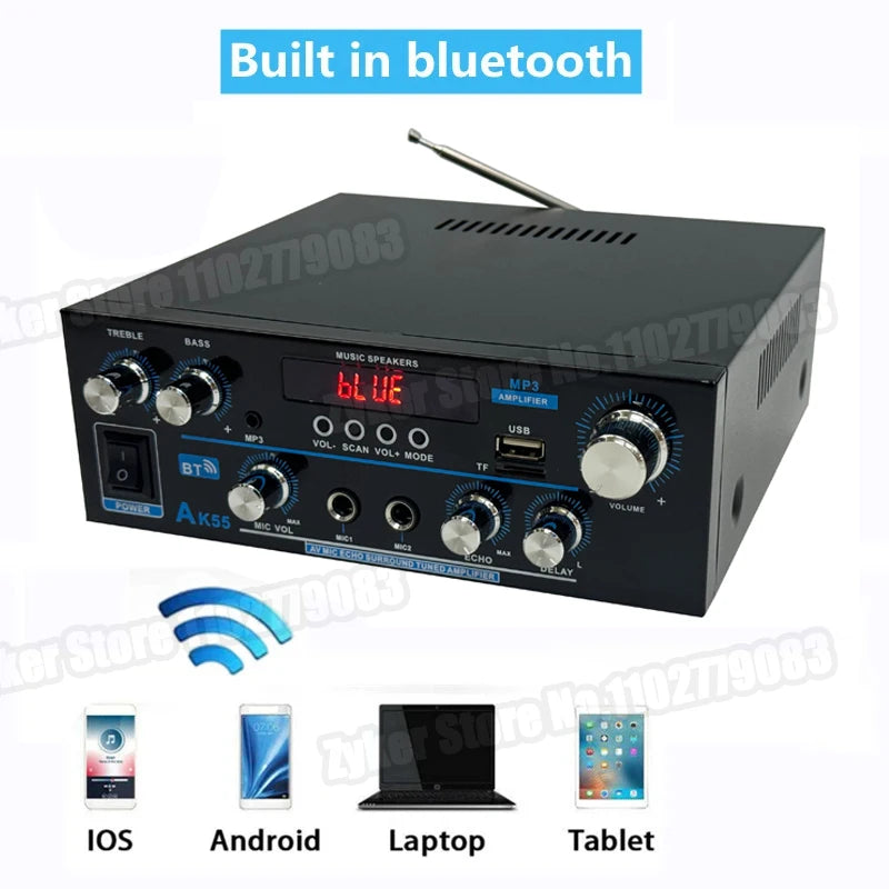 AK55 HiFi Bluetooth Amplifier – 2.0 Channel, 90W×2, Home/Car Audio