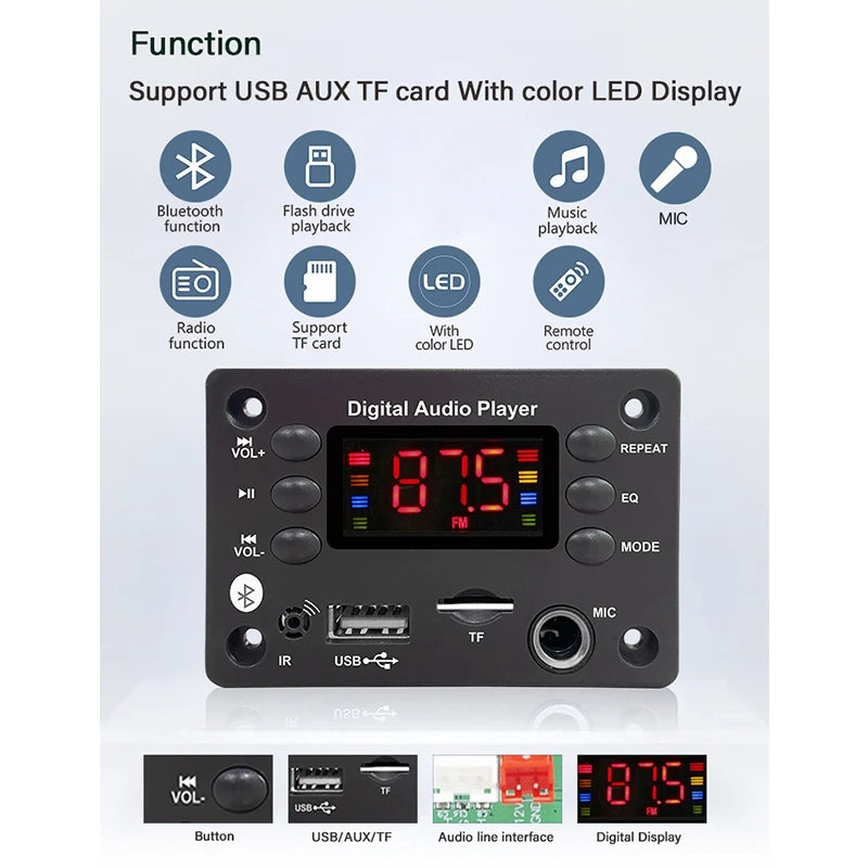 Bluetooth 5.0 MP3 Decoder Board – 5V/12V Audio Module with USB, TF, FM & Mic