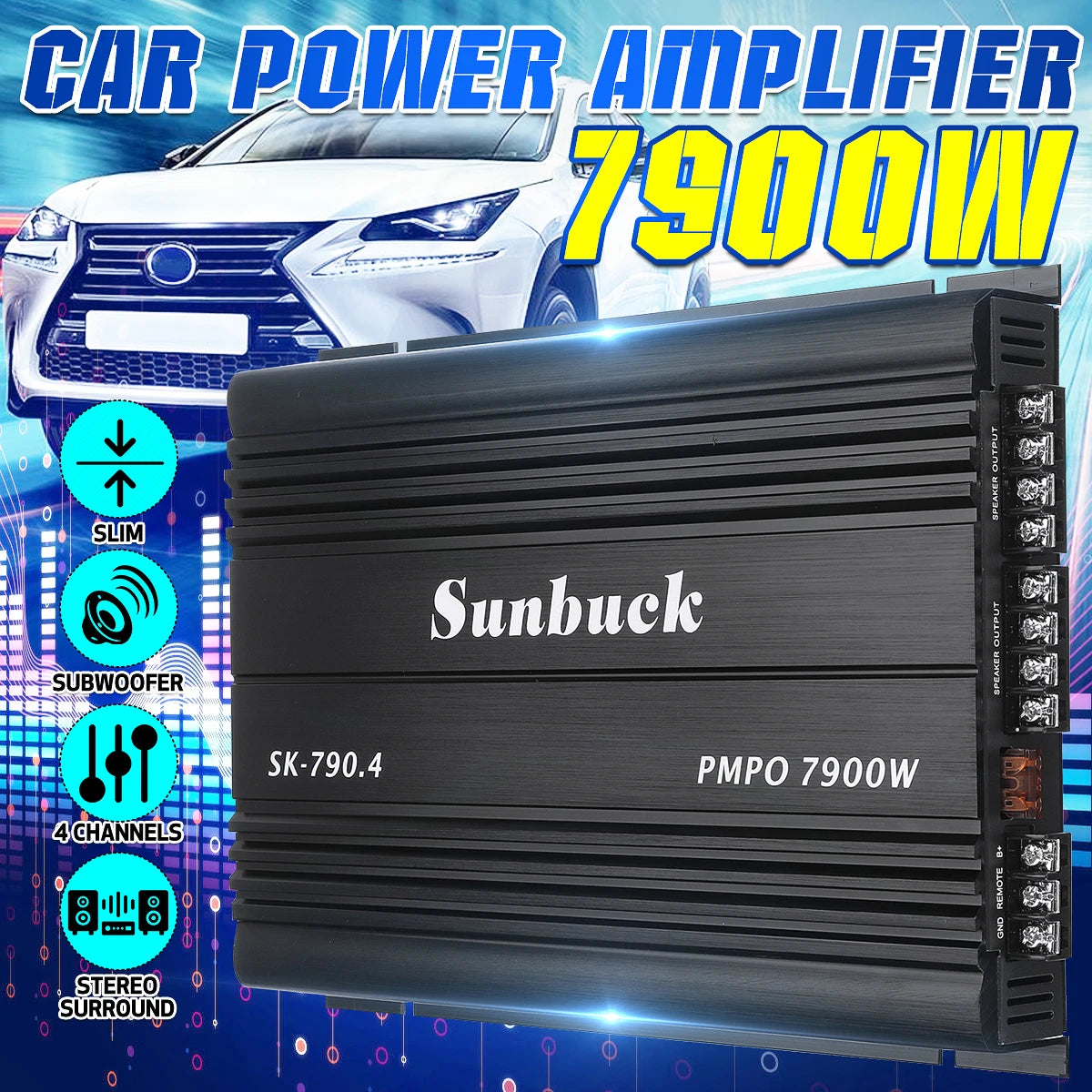 SK-790.4 4-Channel 12V Car Amplifier – Max 7900W Class A/B