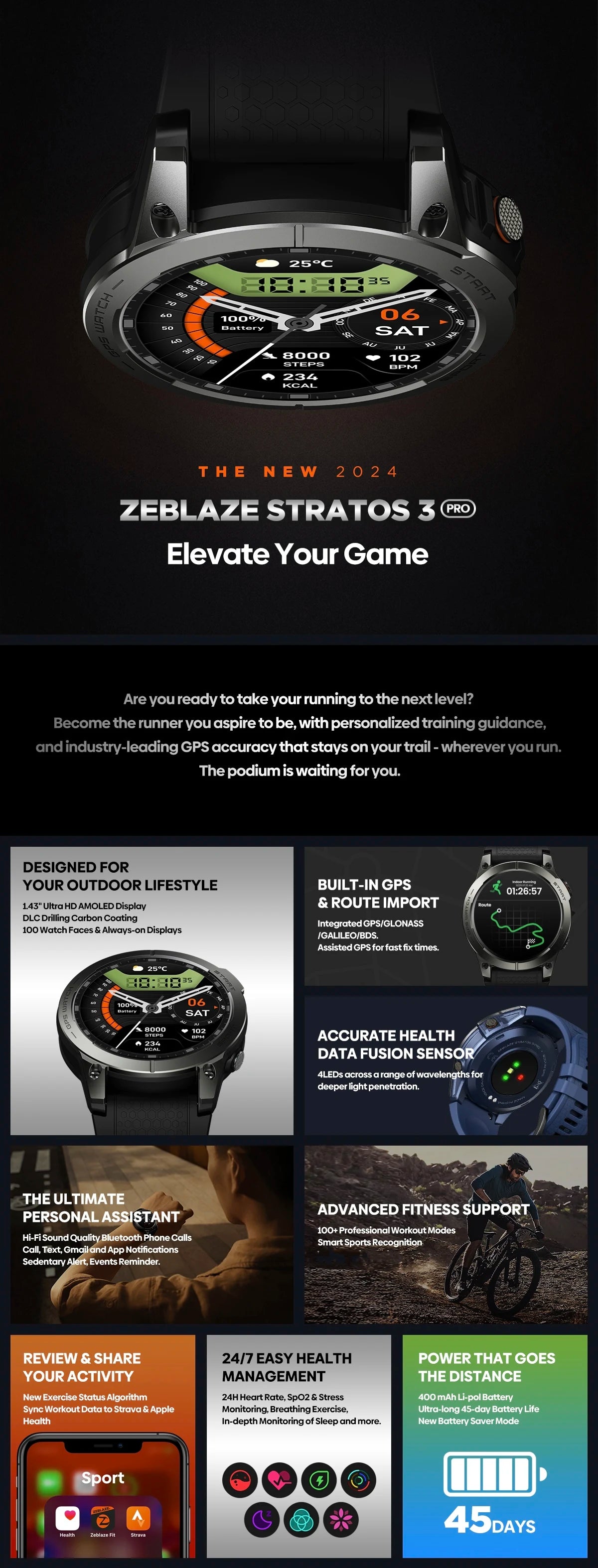 Zeblaze Stratos 3 PRO GPS Smartwatch – 1.43” HD AMOLED, Bluetooth Calls