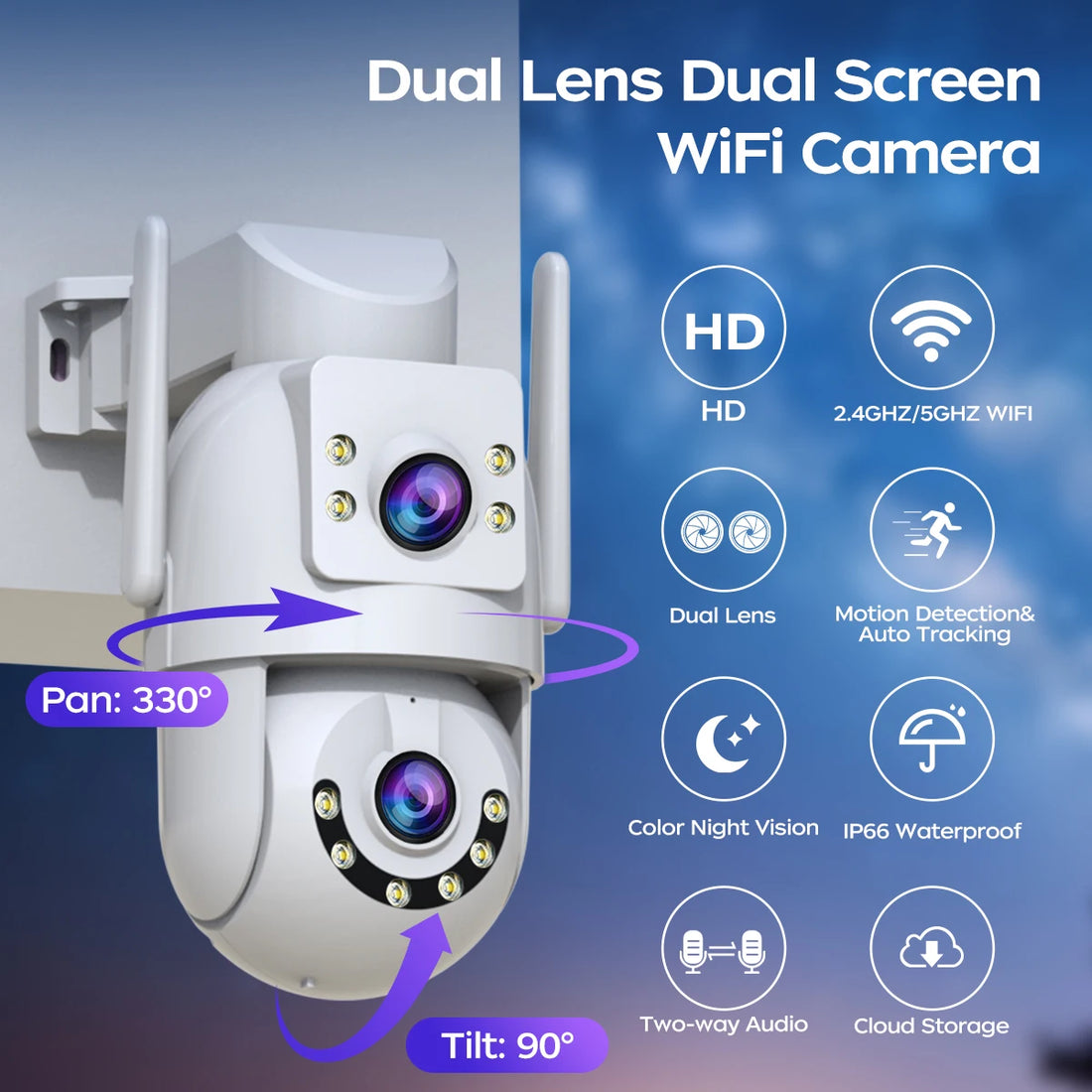 Jooan 4K 8MP Dual-Lens Outdoor WiFi PTZ Security Camera – 5X Zoom, 5G WiFi, AI Auto Tracking, ONVIF, Night Vision, CCTV IP Camera