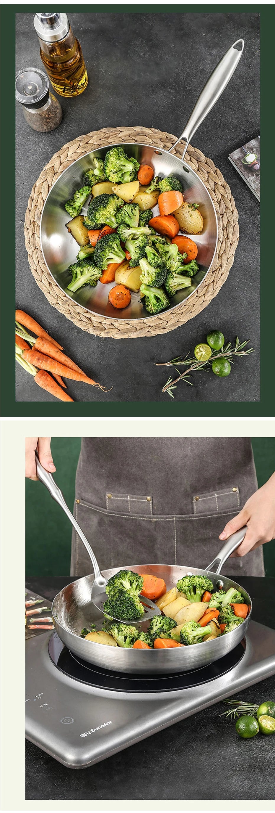 304 Stainless Steel Frying Pan – Uncoated Non-Stick Cookware for Gas & Induction Stoves