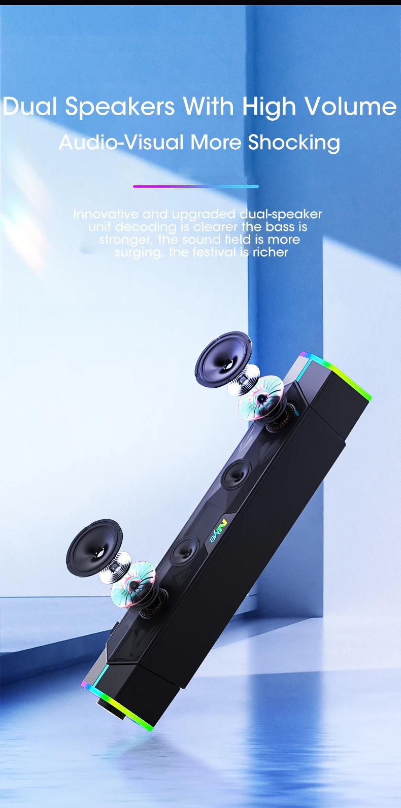 4D Bluetooth 5.0 Computer Speakers – Wired Stereo Soundbar with Subwoofer