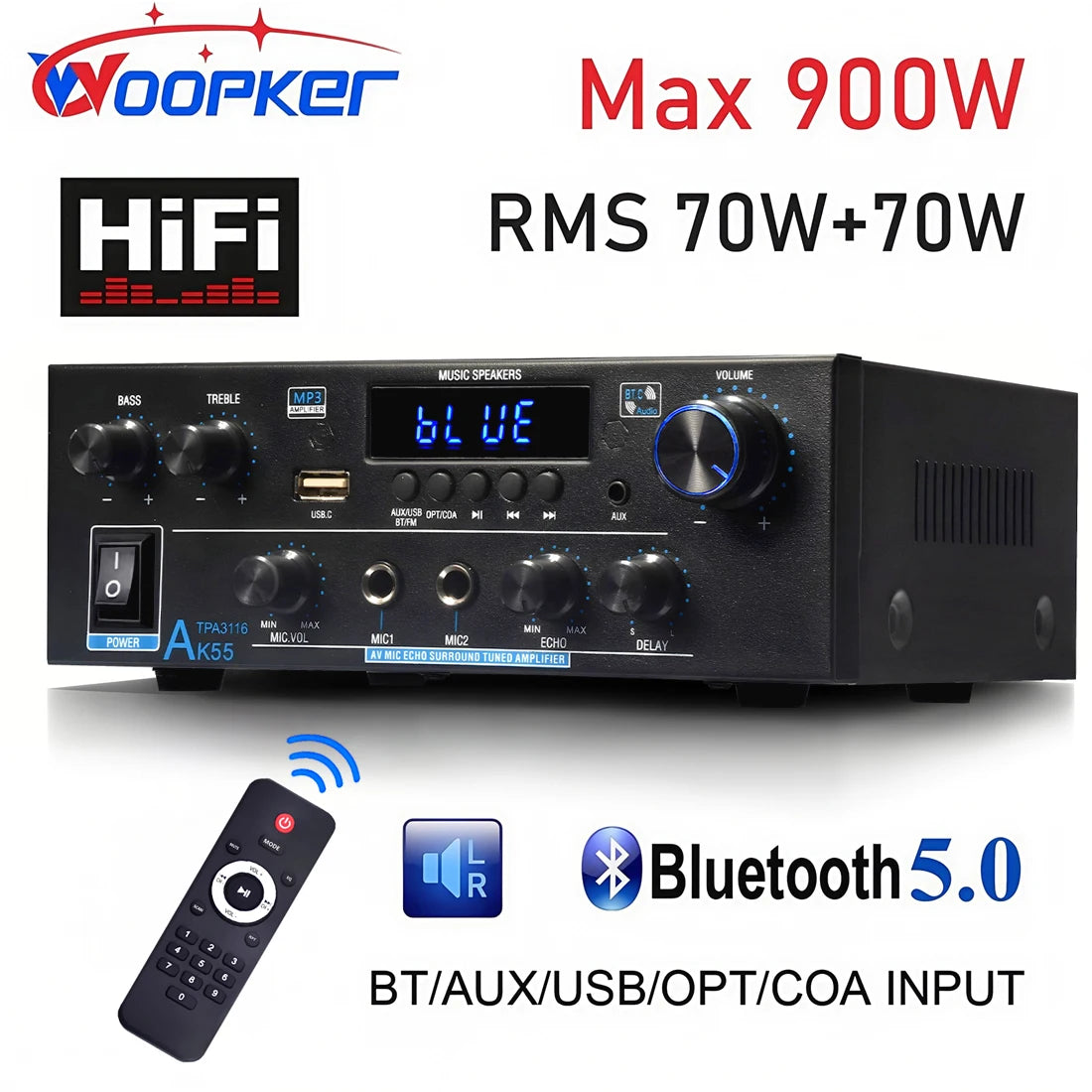 Woopker AK55 Bluetooth Amplifier – 2.0 Channel, 900W Max, HiFi Audio & Karaoke