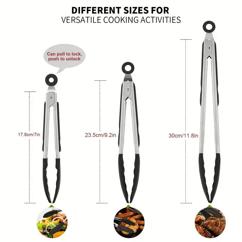 3 Size Available Heavy Duty Stainless Steel Kitchen Tongs with Silicone Tips High Heat Resistant Locking Design Secure Grip