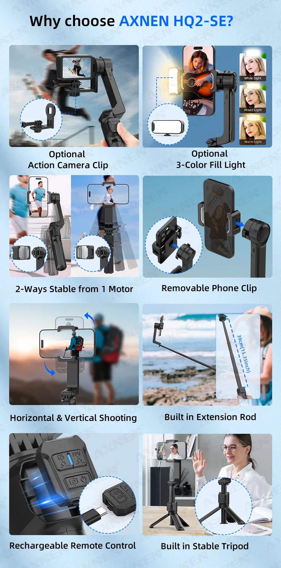 AXNEN HQ2 Series 3-Axis Handheld Gimbal Stabilizer for Smartphone & GoPro – Selfie Stick, Tripod & Extension Rod Combo