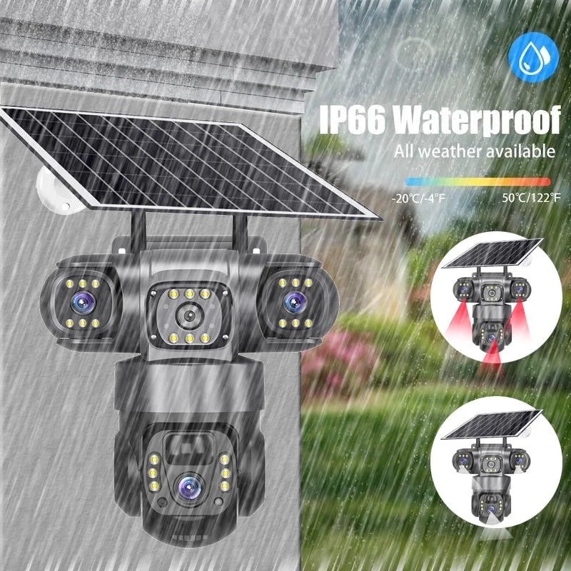 Solar 4G Sim Outdoor Camera – 3 Lens & Screen, 10X Zoom, PIR Human Detection