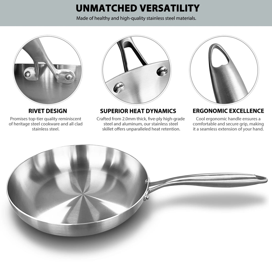 304 Stainless Steel Frying Pan – Uncoated Non-Stick Cookware for Gas & Induction Stoves
