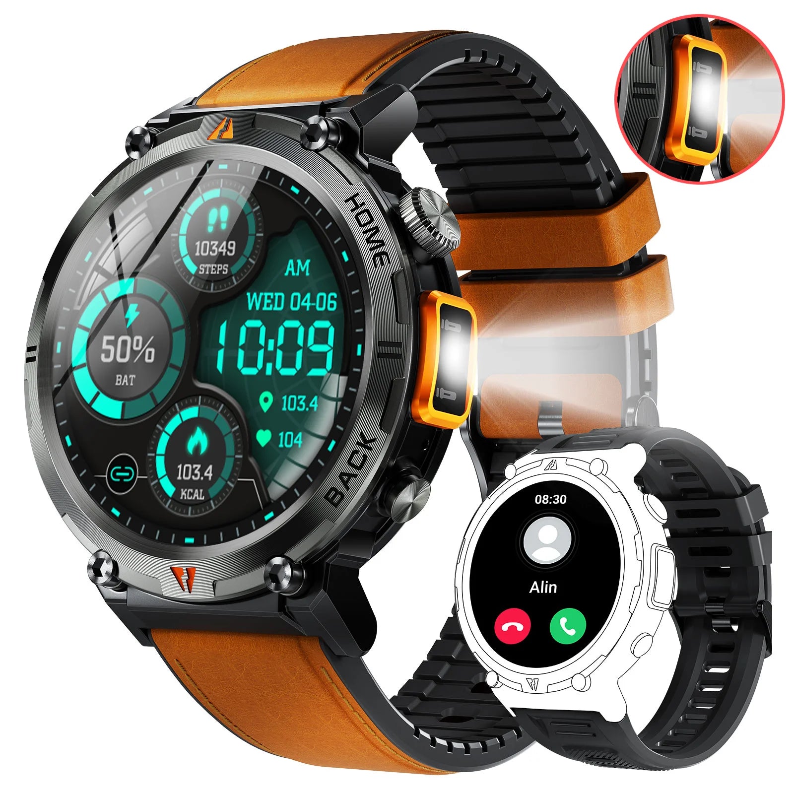 EIGIIS KE3 2025 Bluetooth Call Smartwatch for Men, Full Touch Screen Fitness Watch with Heart Rate Monitor & Flashlight