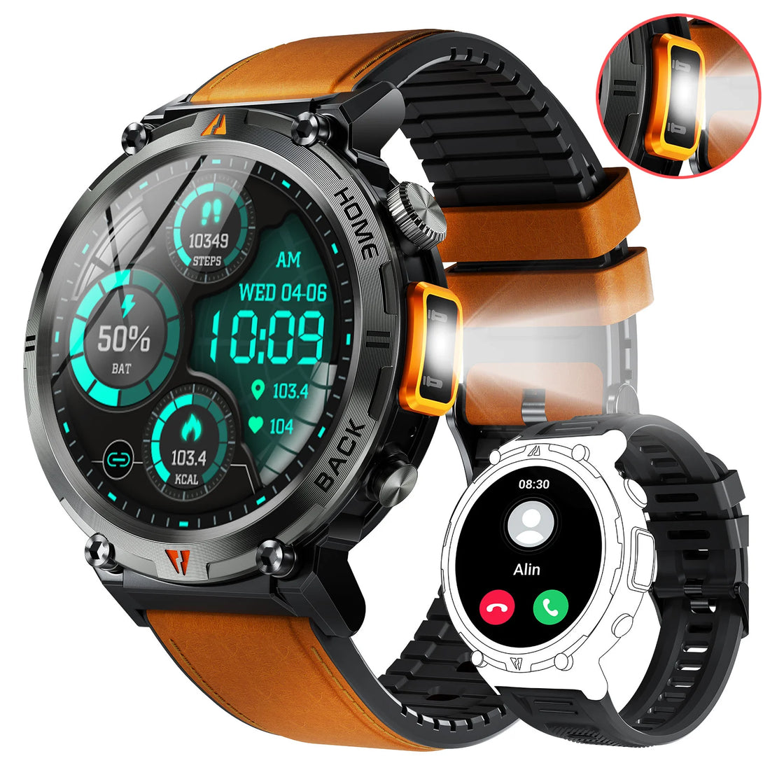 EIGIIS KE3 2025 Bluetooth Call Smartwatch for Men, Full Touch Screen Fitness Watch with Heart Rate Monitor & Flashlight